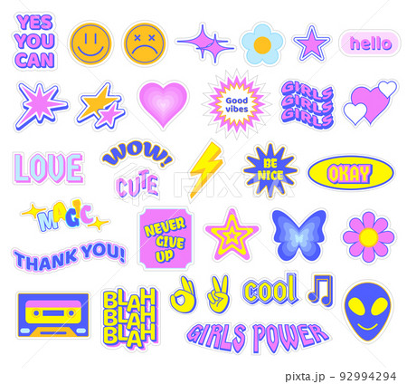 Trendy Y2K stickers. Cute girly patches, butterfly and glamour heart symbols. Retro stars, flowers and smiles vector set Trendy Y2K stickers. Cute girly patches, butterfly and glamour heart symbols. Retro stars, flowers and smiles vector set 92994294