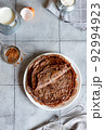 Chocolate pancake ingredients on gray background. Flatlay food photo. 92994923