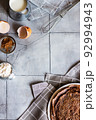 Chocolate pancake ingredients. Flatlay food photo with copy space. 92994943