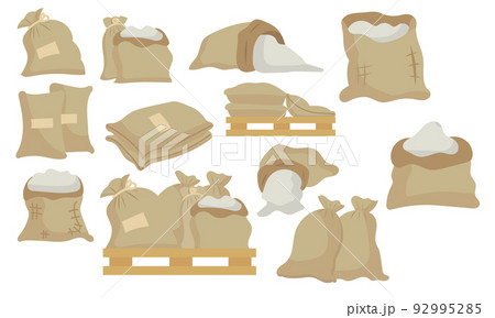 Sack or bag sand and rice seed. Farmer flour and potato pallet brown farming isolated vector illustration. Plant mill wheat agriculture and farm harvest icon set. Cartoon harvesting product symbol Sack or bag sand and rice seed. Farmer flour and potato pallet brown farming isolated vector illustration. Plant mill wheat agriculture and farm harvest icon set. Cartoon harvesting product symbol 92995285
