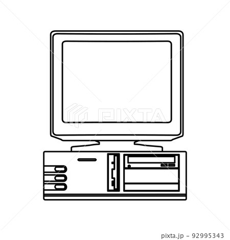 Old computer vector technology illustration pc outline and retro line icon desktop. Digital screen display and symbol 90s. Vintage communication design thin and office flat equipment personal object 92995343