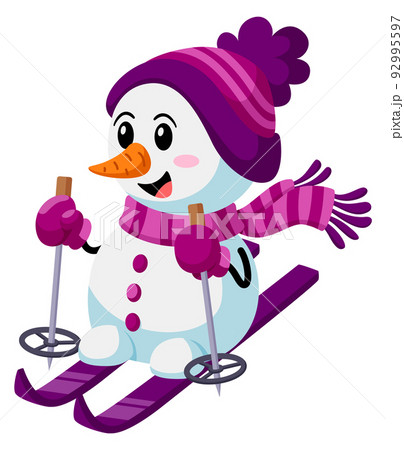Happy snowman skiing. Cartoon winter smiling mascot 92995597