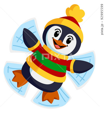 Cartoon penguin making snow angel. Happy winter character 92995599