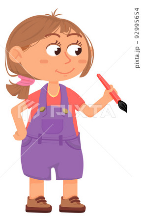 Painting kid charcater. Pretty girl artist with brush 92995654