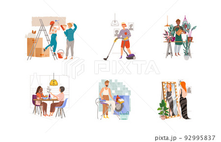 People Character Spending Weekend at Home Vector Illustration Set 92995837