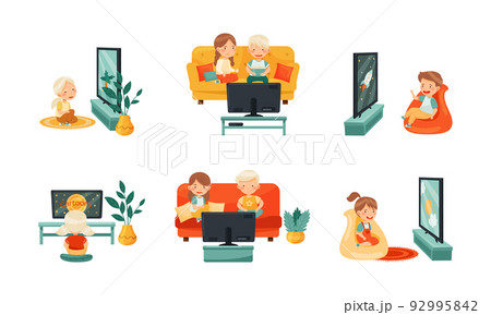 Little Kids Sitting on Sofa and Armchair Watching Cartoon Film on TV Vector Set Little Kids Sitting on Sofa and Armchair Watching Cartoon Film on TV Vector Set 92995842