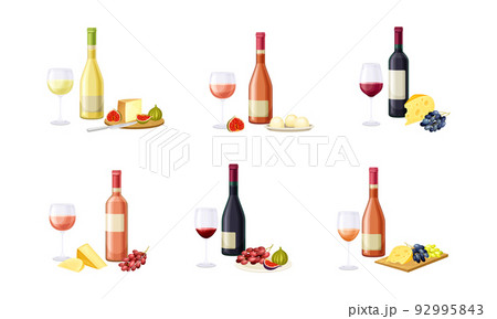 Wine Bottle and Glass with Alcoholic Drink Served with Cheese and Grapes Vector Set Wine Bottle and Glass with Alcoholic Drink Served with Cheese and Grapes Vector Set 92995843