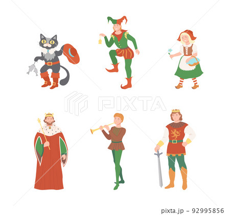 Fabulous Medieval Character from Fairytale with Pussy in Boots and Red Riding Hood Vector Set 92995856