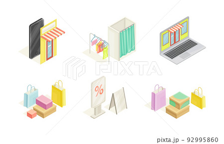 Shopping and Retail Industry with Consumer Goods in Bags and Online Purchase Isometric Vector Set 92995860