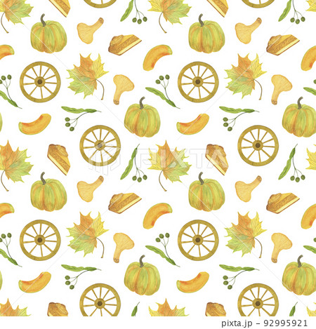 Autumn pumpkin, leaves, cart wheel, pie, mushroom seamless pattern traditional autumn watercolor illustration for autumn holiday gift wrapping paper, greeting card seasonal fall rustic repeat ornament 92995921