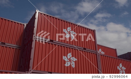Hong Kong flag containers are located at the container terminal. Hong Kong export or import concept. 3d illustration Hong Kong flag containers are located at the container terminal. Hong Kong export or import concept. 3d illustration 92996064