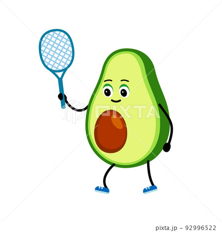 Cute Avocado character does sports tennis. Vector illustration 92996522