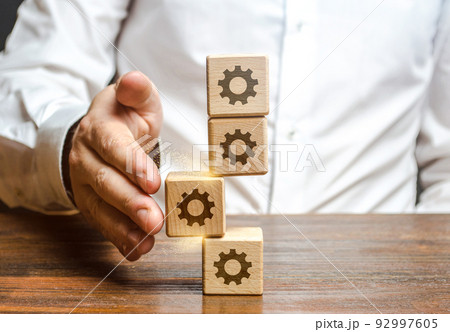Man is trying to fix the process. Breakdown in the system. Find the broken part and make repairs. Determination and error correction. Deviation from the norm. Violation of order, malfunction failure. 92997605