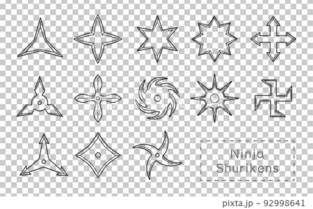 Shuriken of various shapes, icons, line drawings 92998641