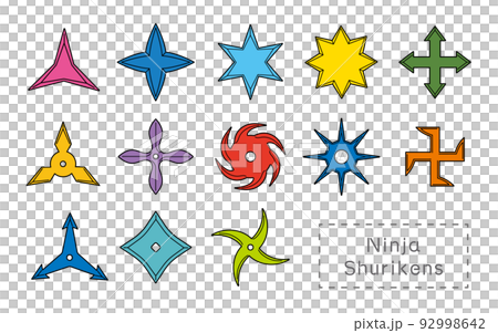 各種形狀的手裡劍、圖標、彩色線條圖 92998642