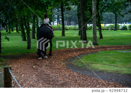 小さい女の子が乗馬クラブで練習する後ろ姿 92998732