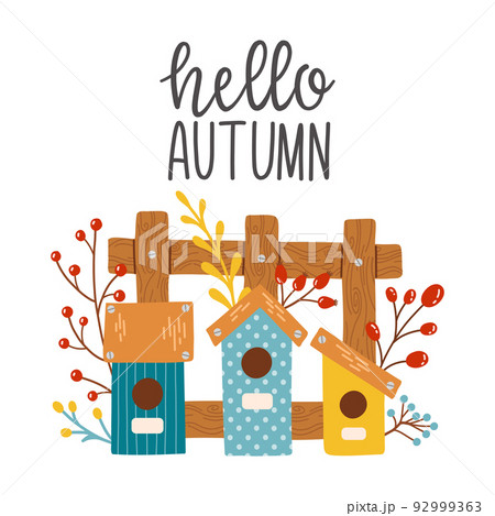 Hello autumn birdhouse fall season vector elements Hello autumn birdhouse fall season vector elements 92999363