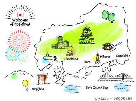 手描きの広島の観光地のシンプル線画イラストマップ 93000264
