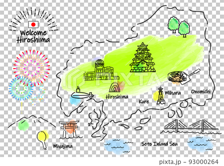 手描きの広島の観光地のシンプル線画イラストマップ 93000264