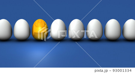 整列した沢山の卵の中で目立つ金の卵。将来性と有望さを表す抽象的なコンセプト 整列した沢山の卵の中で目立つ金の卵。将来性と有望さを表す抽象的なコンセプト 93001334