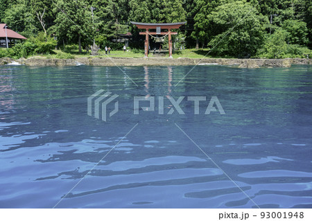 ペルシャンブルーの田沢湖と御座石神社の鳥居 93001948