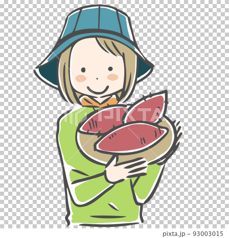 収穫したさつまいもを紹介する作業姿の女性 収穫したさつまいもを紹介する作業姿の女性 93003015