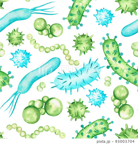 Bacteria and viruses seamless pattern. Watercolor illustration. Isolated on a white background. Bacteria and viruses seamless pattern. Watercolor illustration. Isolated on a white background. 93003704