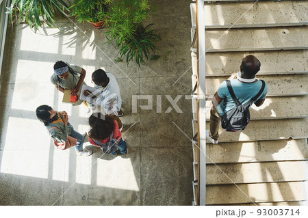 High angle view of group of students standing together and talking at school campus High angle view of group of students standing together and talking at school campus 93003714