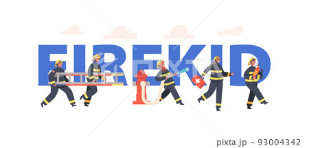 Firekid Concept, Poster with Children Fire Fighters Characters in Uniform Holding Ladder, First Aid Kit, Extinguisher Firekid Concept, Poster with Children Fire Fighters Characters in Uniform Holding Ladder, First Aid Kit, Extinguisher 93004342