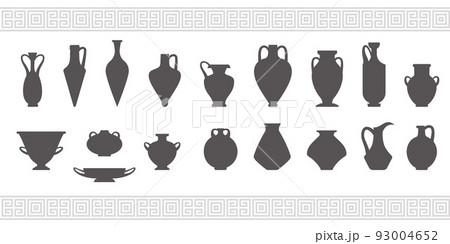 Greek vases silhouettes. Ancient amphoras and pots glyph illustration. Clay ceramic earthenware. Vector. Greek vases silhouettes. Ancient amphoras and pots glyph illustration. Clay ceramic earthenware. Vector. 93004652