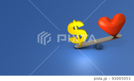 ドル記号とハートマークの比較 天秤はお金側に傾く 心よりお金の重視を表す抽象的なコンセプト のイラスト素材