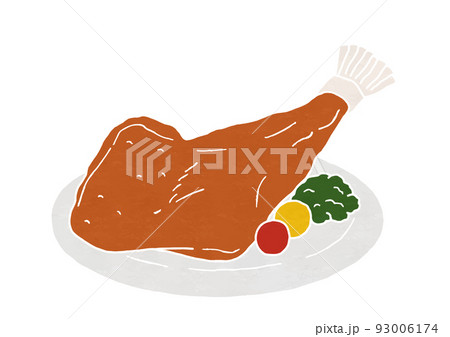 単品のローストチキンの皿付きイラスト（版画風） 93006174