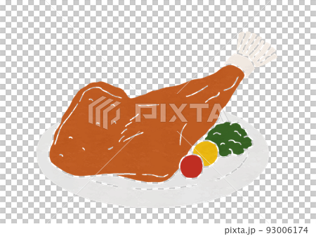 単品のローストチキンの皿付きイラスト（版画風） 93006174