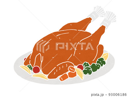 野菜付きローストターキーのイラスト（版画風） 93006186