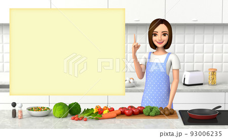 エプロン姿の女性がパネルを指差している。 93006235