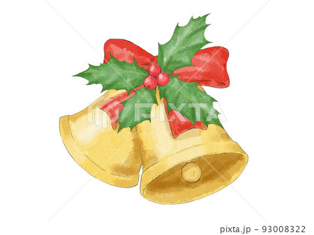 ヒイラギ付きクリスマスベルのイラスト（水彩風） 93008322