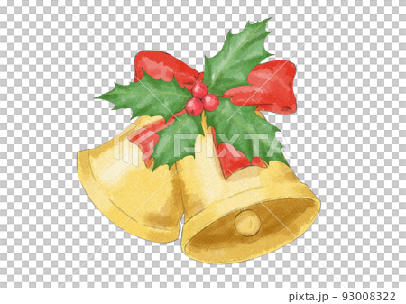 ヒイラギ付きクリスマスベルのイラスト（水彩風） 93008322