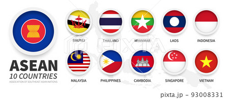 ASEAN . Association of Southeast Asian Nations and membership flags . Flat simple circle design with white frame . South east asia map on background . Vector . 93008331