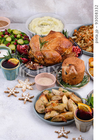 Christmas festive dinner with traditional dishes Christmas festive dinner with traditional dishes 93008332