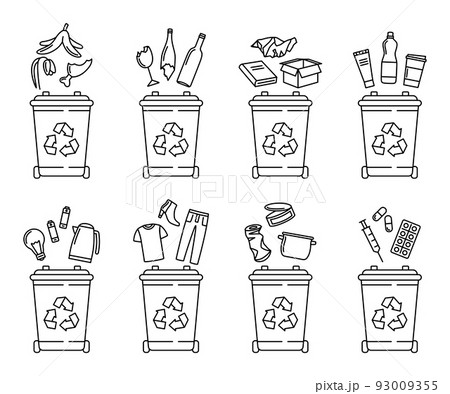 Set of garbage bins for recycling different types of waste. Sorting and recycling waste. vector illustration Set of garbage bins for recycling different types of waste. Sorting and recycling waste. vector illustration 93009355
