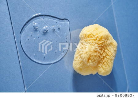 A natural sponge and a drop of gel or shampoo on a blue background. A natural sponge and a drop of gel or shampoo on a blue background. 93009907