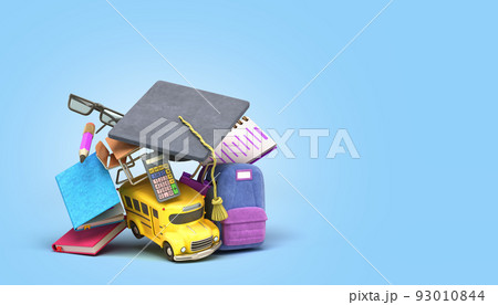back to school concept school supply flying in air around yellow bus 3d illustration on blue gradient 93010844