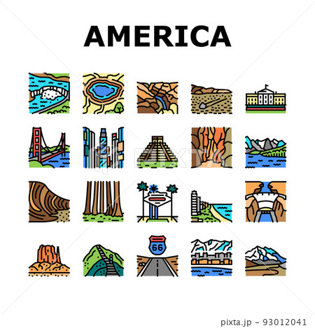 North America Famous Landscape Icons Set Vector 93012041