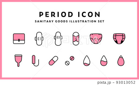 生理用品のアイコンのセット　シンプル　サニタリー　月経　ナプキン　ピル　ショーツ　タンポン 93013052