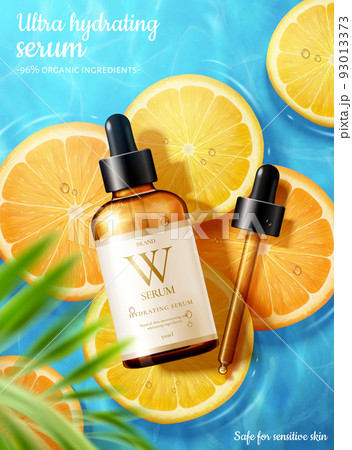 3d illustration of ultra hydrating facial serum ad, designed with sliced tangerine floating on water and realistic dropper bottle, summer skincare concept. 93013373