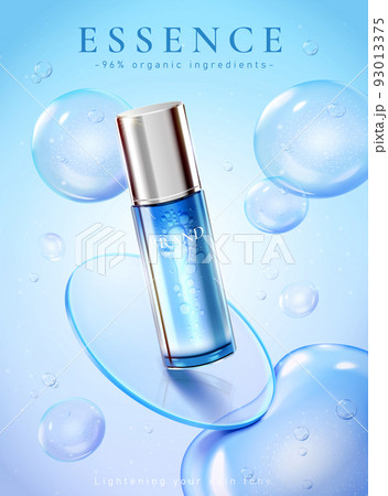 3d illustration of essence product ad. Realistic gel bottle over blue glass disc and bubbles on light blue background. 93013375