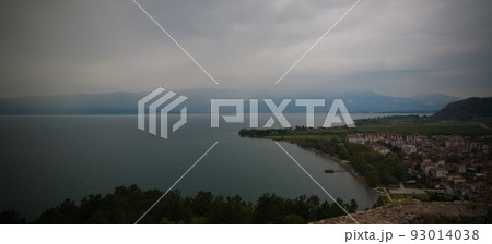 Panoramic aerial view to Ohrid lake and city from Samuels Fortress, North Macedonia Panoramic aerial view to Ohrid lake and city from Samuels Fortress, North Macedonia 93014038