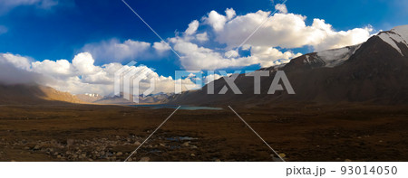 Panoramic view to lakes at Barskoon pass, river and gorge and Sarymoynak pass, Jeti-Oguz, Kyrgyzstan 93014050