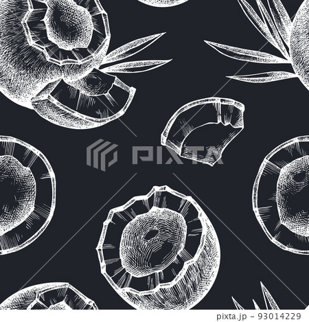 Fruits seamless pattern background design. Engraved style. Hand drawn coconut. Fruits seamless pattern background design. Engraved style. Hand drawn coconut. 93014229