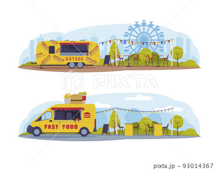 Set of commercial trucks for selling food in parks, street markets and fairs cartoon vector illustration Set of commercial trucks for selling food in parks, street markets and fairs cartoon vector illustration 93014367